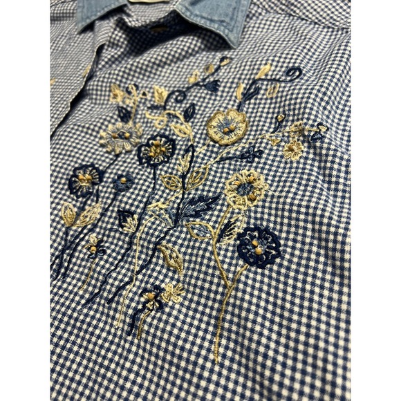 Vintage Womens Blue Gingham Floral Embroidered Beaded Button Down Shirt L - Picture 7 of 11